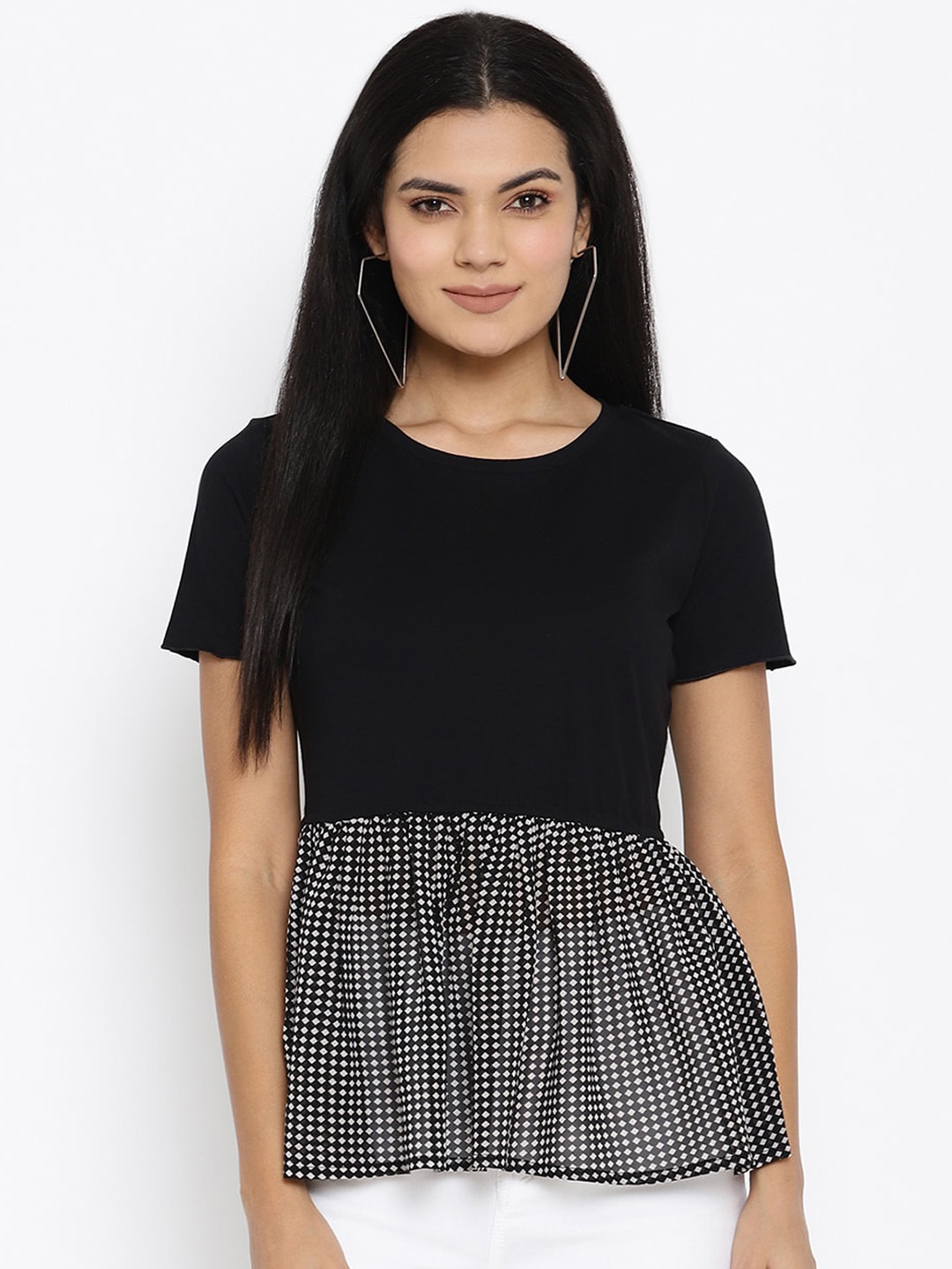 THREAD MUSTER Black Checked Georgette Peplum Top