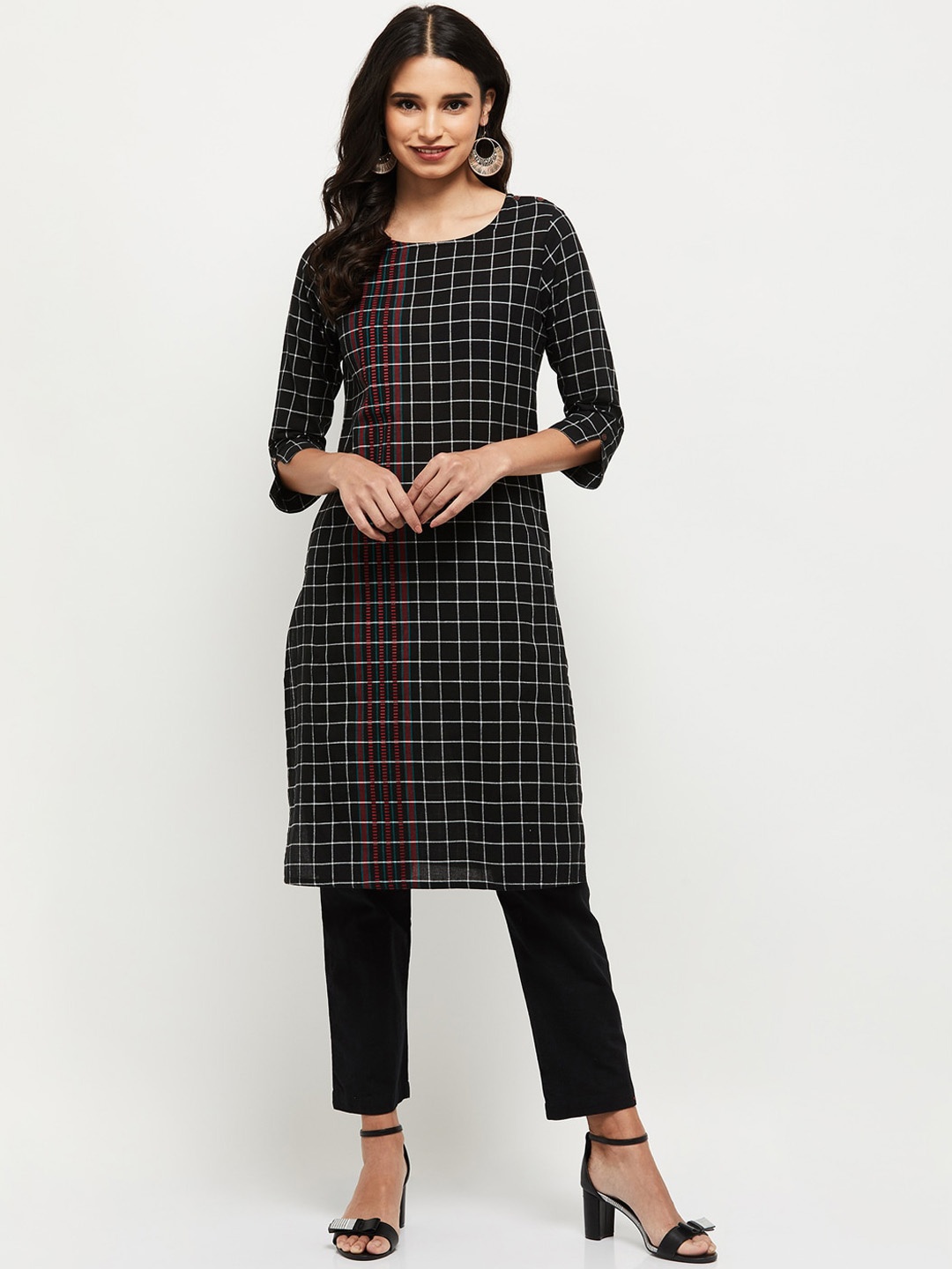 max Women Black Checked Kurta