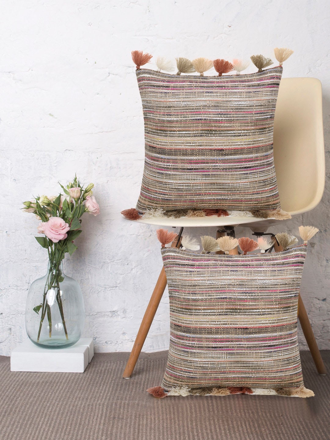 Mezposh White & Pink Set of 2 Striped Square Cushion Covers