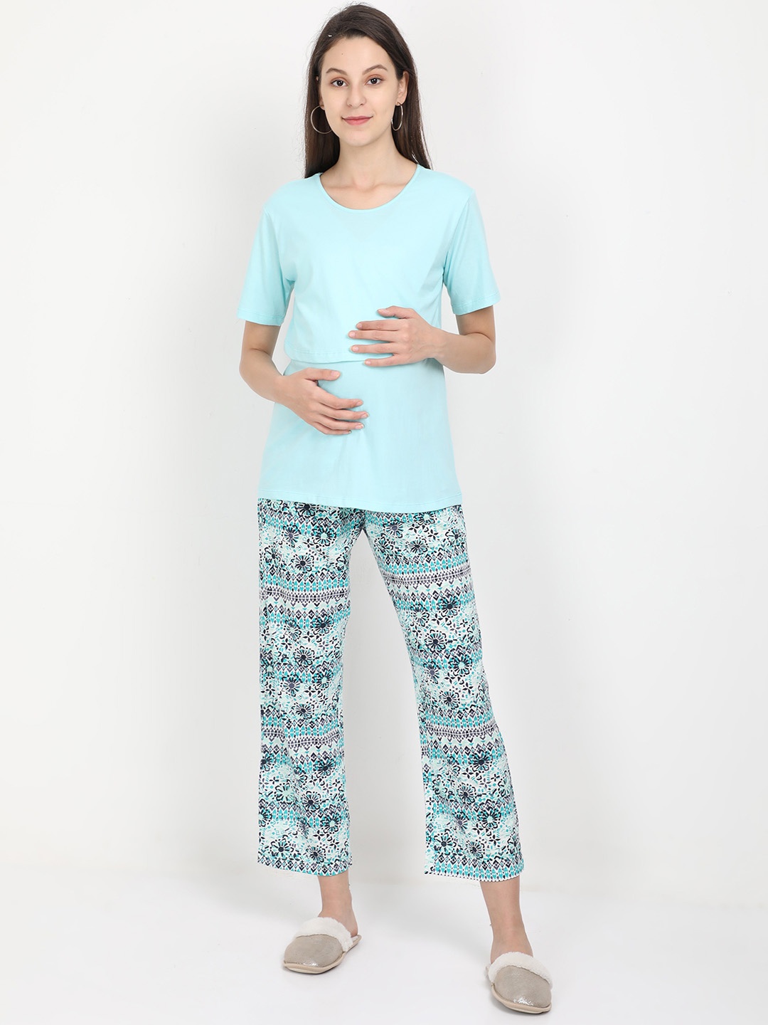 The Mom Store Women Sea Green & White Solid Maternity Night Suit