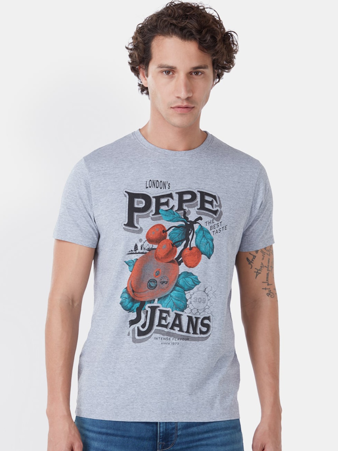 Pepe Jeans Men Grey Printed Round Neck T-shirt