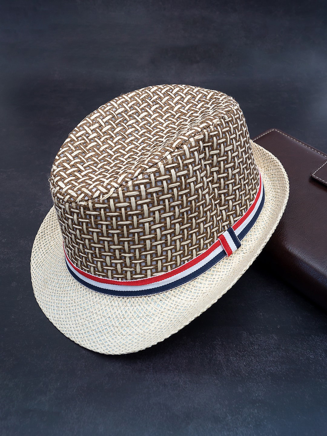 Golden Peacock Boys Beige & Brown Woven-Design Straw Fedora Hat