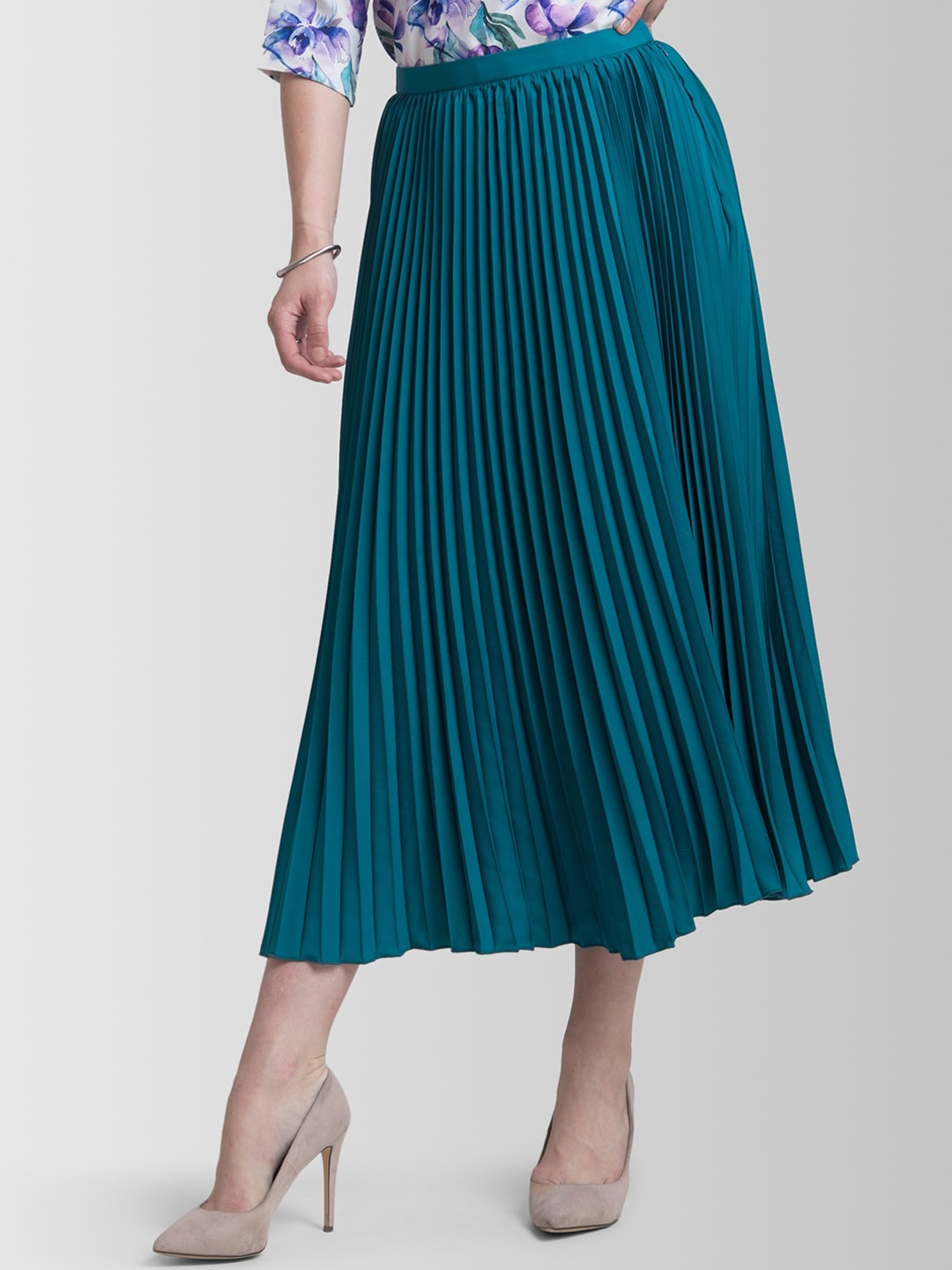 FableStreet Teal Blue Flared Midi Skirt