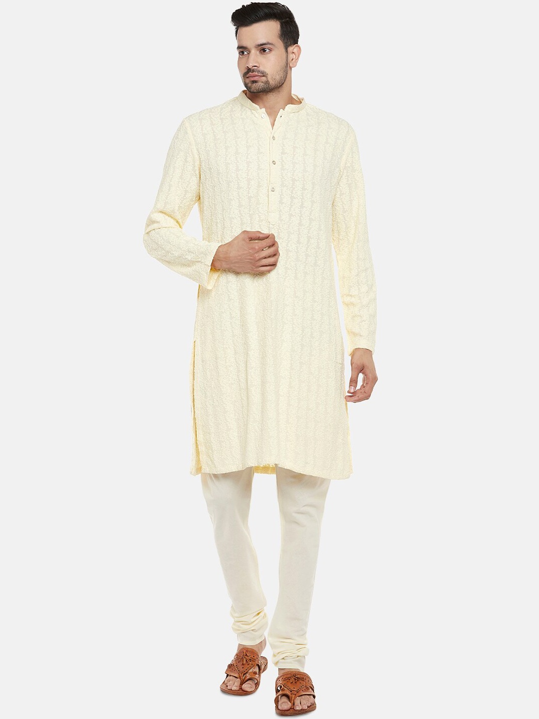 Ethnicity Men Cream-Coloured Embroidered Kurta with Churidar