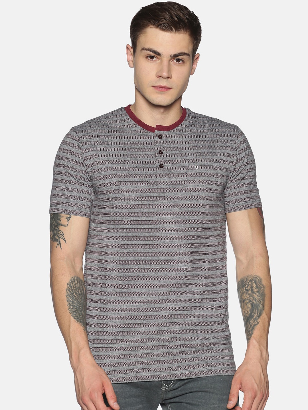 UrGear Men Grey Melange Striped Henley Neck T-shirt