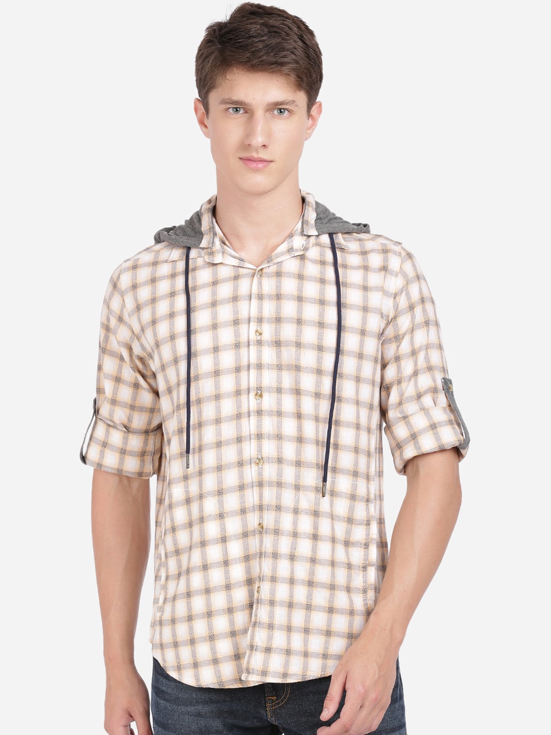 IVOC Men White & Grey Regular Fit Checked Hooded Casual Shirt