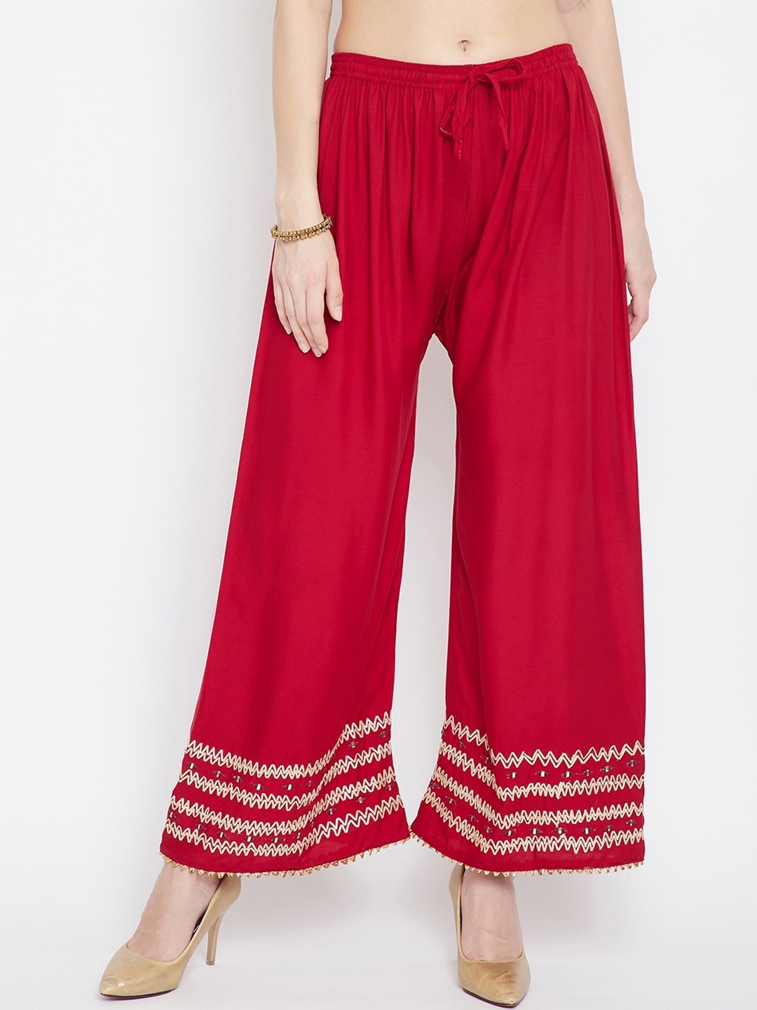 Clora Creation Women Red & White Embroidered Straight Palazzos