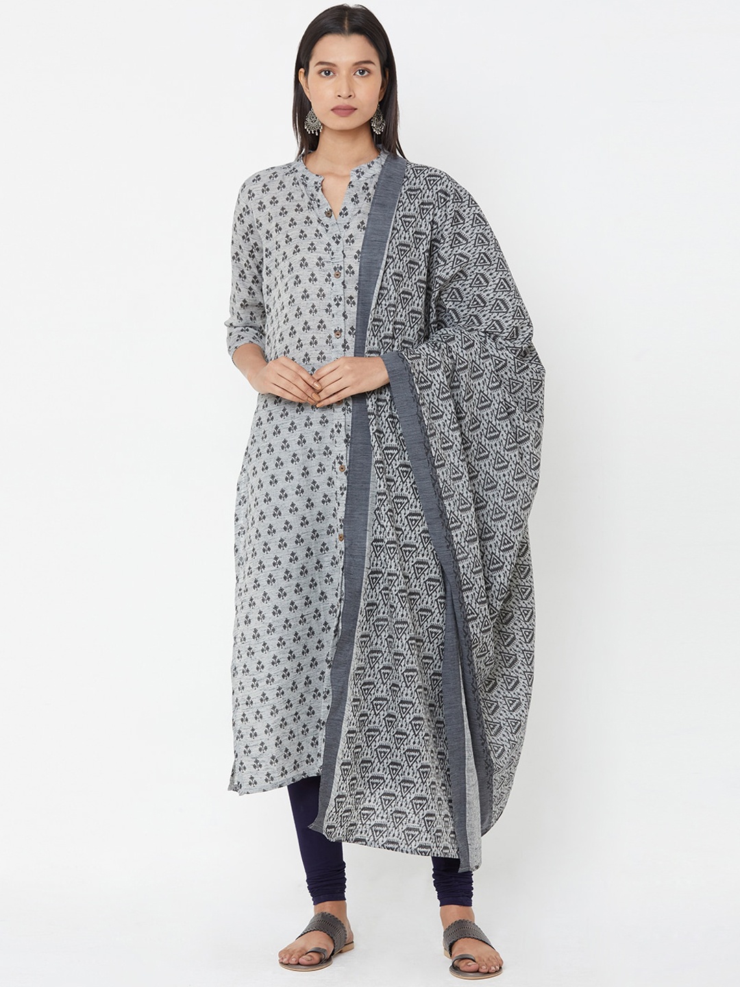 FASHOR Women Grey Melange Geometric Printed Thread Work Dobby Kurta