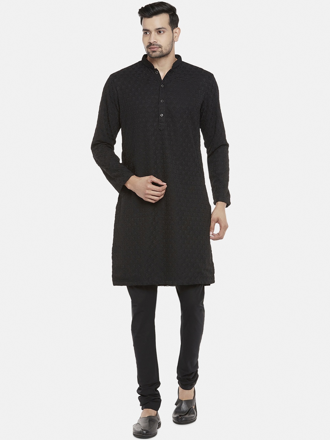 Ethnicity Men Black Self Design Kurta with Pyjamas