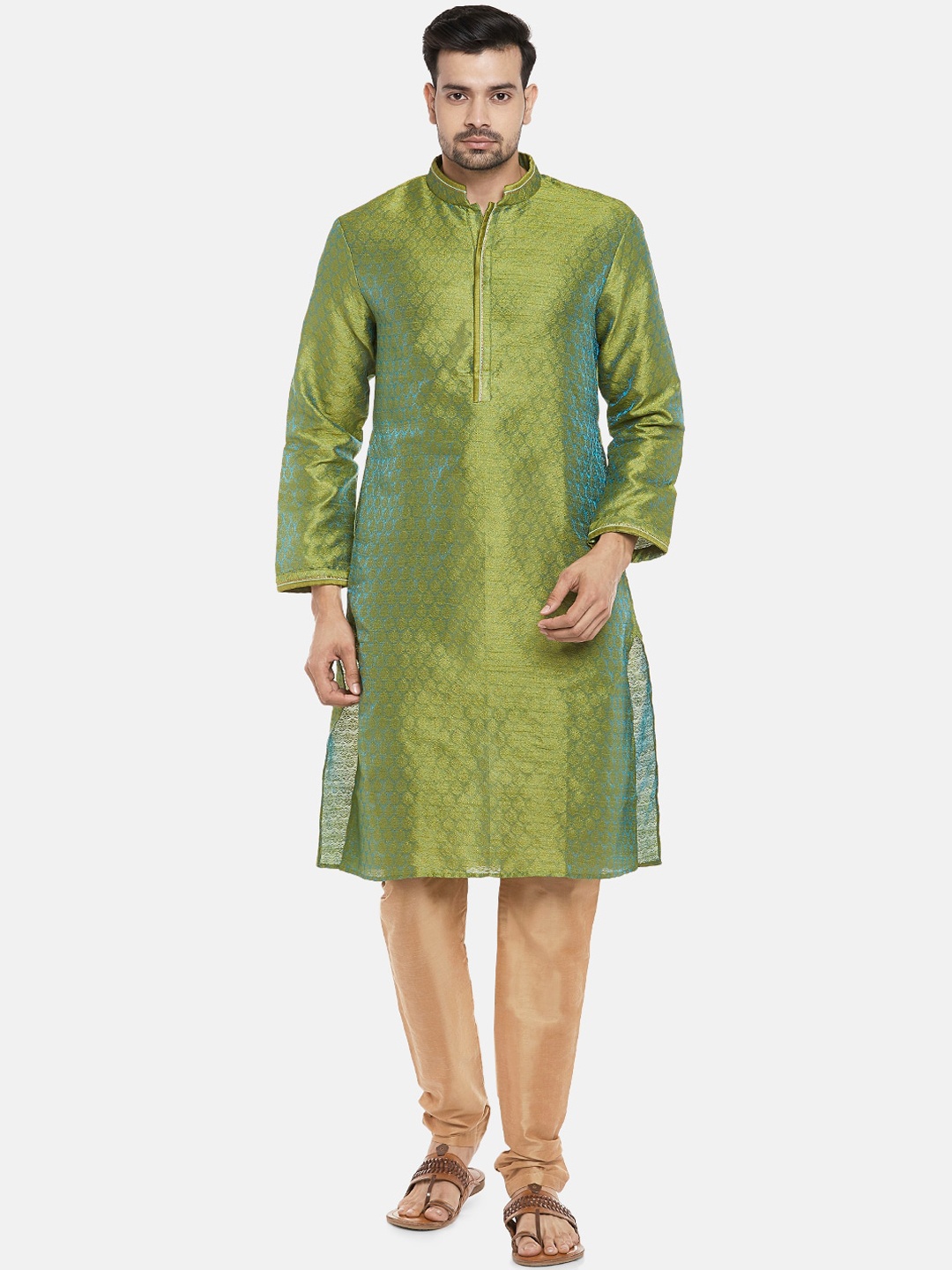Ethnicity Men Green & Gold-Toned Woven Design Kurta with Churidhar