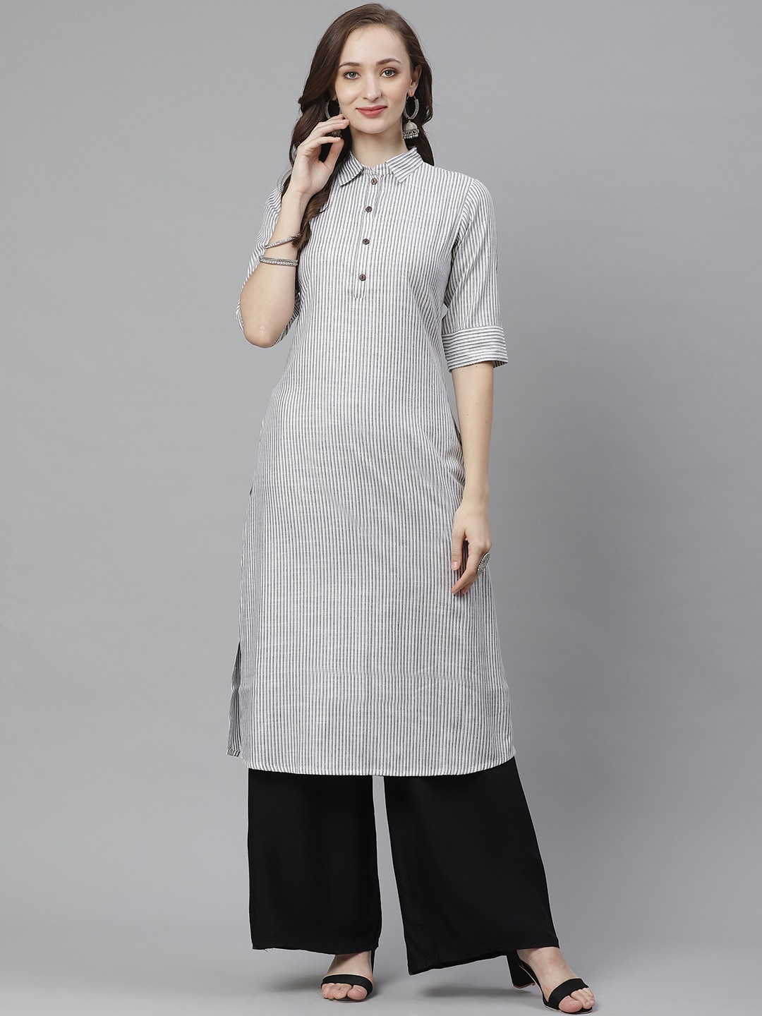 Bhama Couture Women White & Grey Striped Kurta