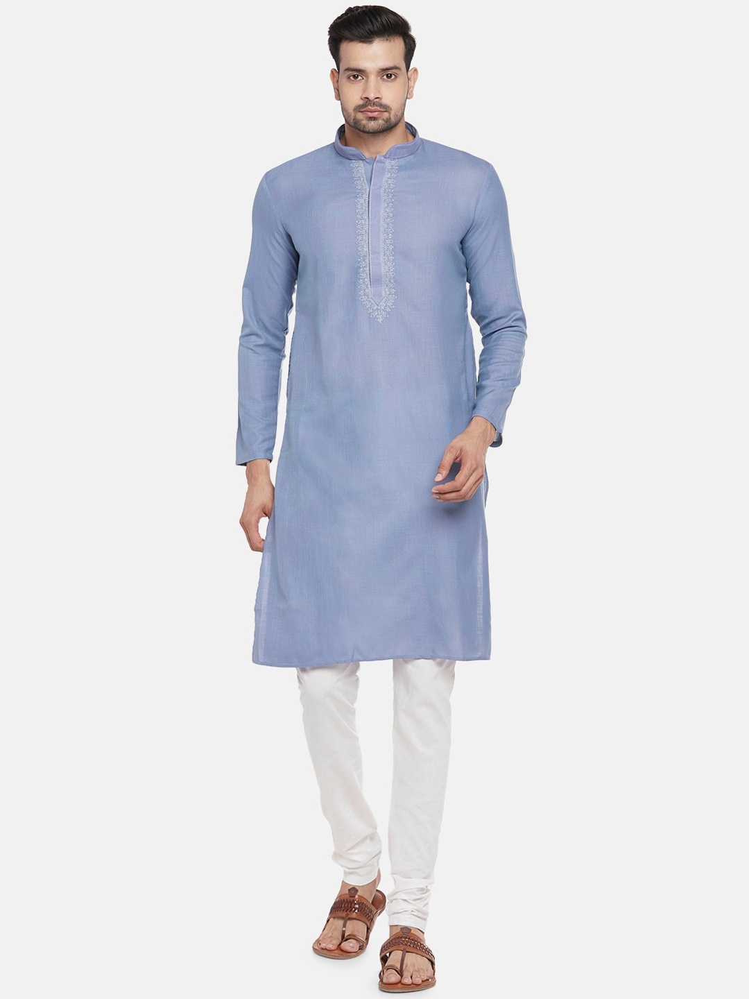 Ethnicity Men Blue & White Yoke Design Kurta with Pyjamas