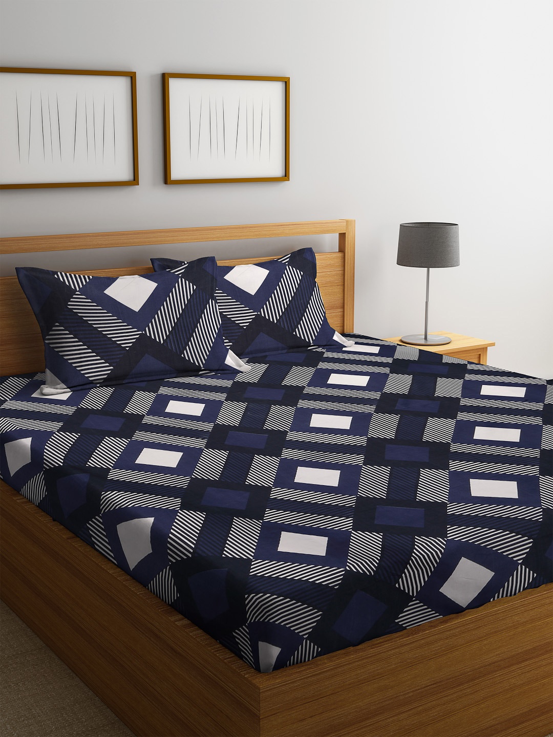 Florida Navy Blue & White Geometric 144 TC Polycotton 1 Queen Bedsheet with 2 Pillow Covers
Florida Navy Blue & White Geometric 144 TC Polycotton 1 Queen Bedsheet with 2 Pillow Covers