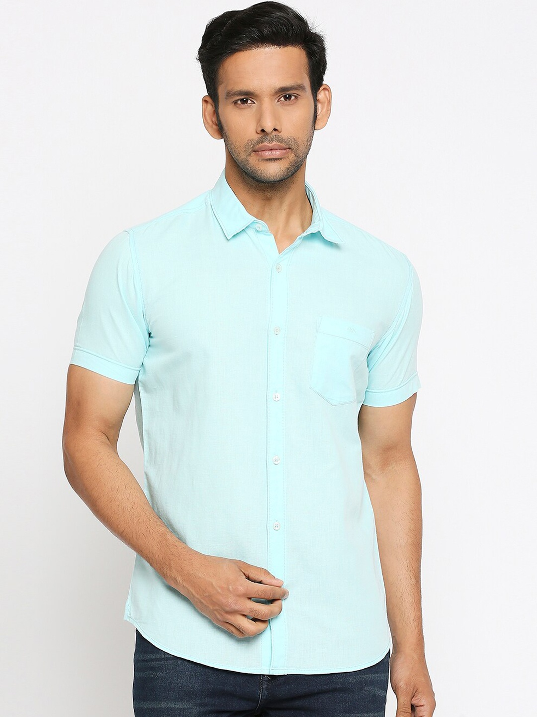 Mufti Men Turquoise Blue Slim Fit Solid Casual Shirt