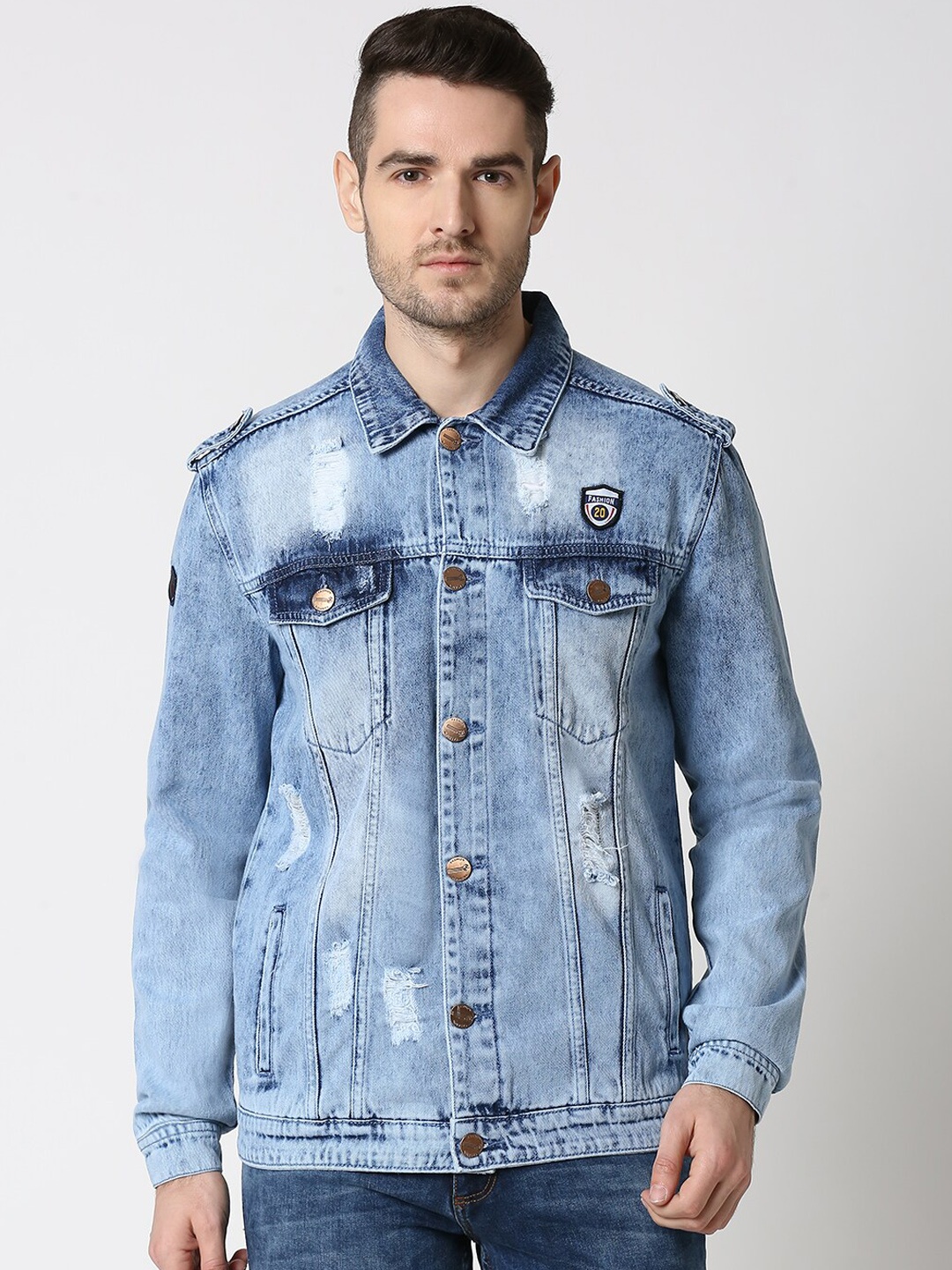 High Star Men Blue Solid Ripped Denim Jacket