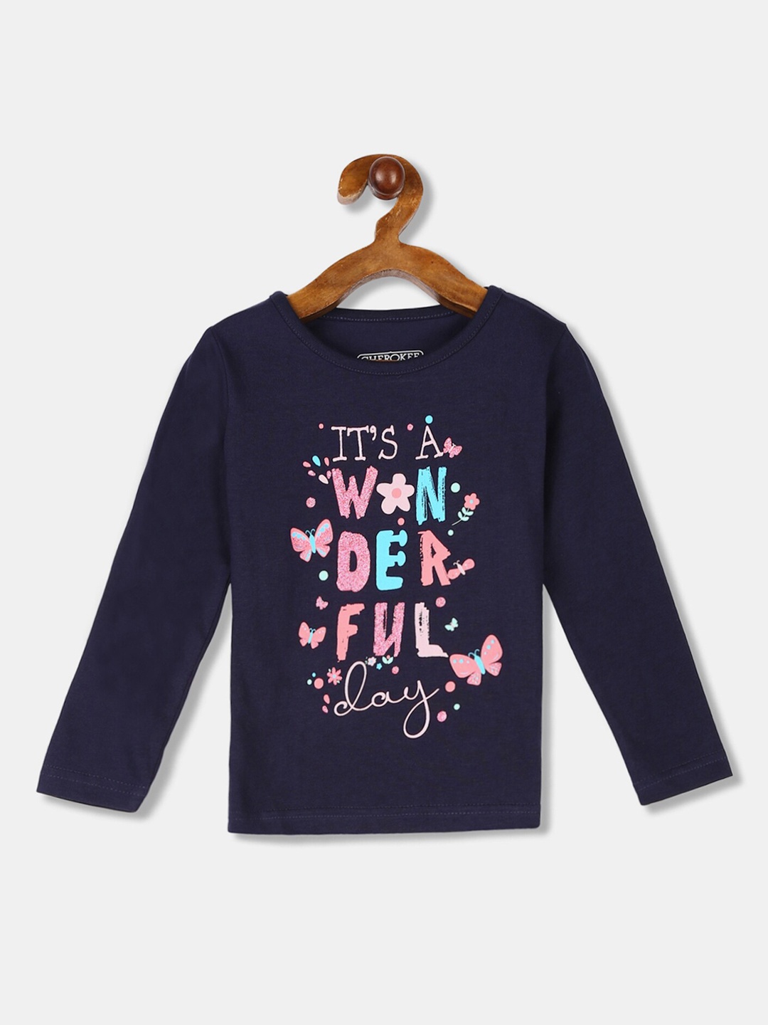 Cherokee Girls Navy Blue Printed Round Neck T-shirt