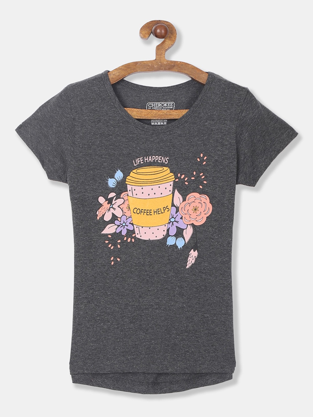 Cherokee Girls Grey Printed Round Neck T-shirt
