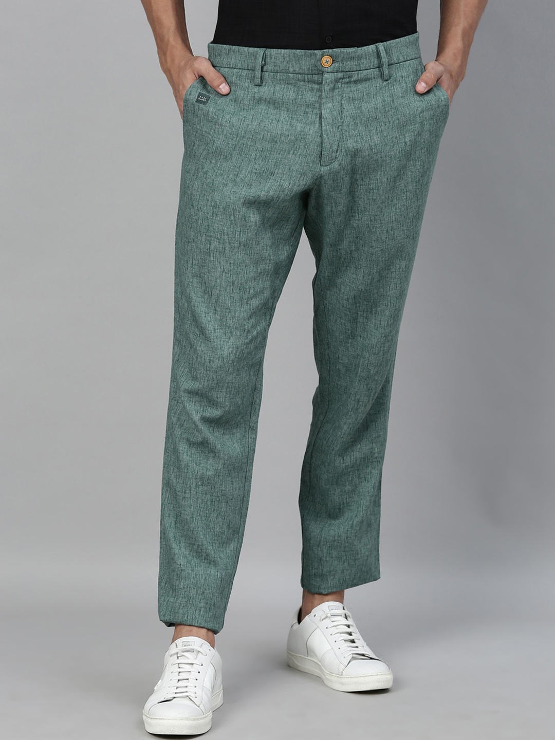 RARE RABBIT Men Green Regular Fit Self Design Regular Trousers
