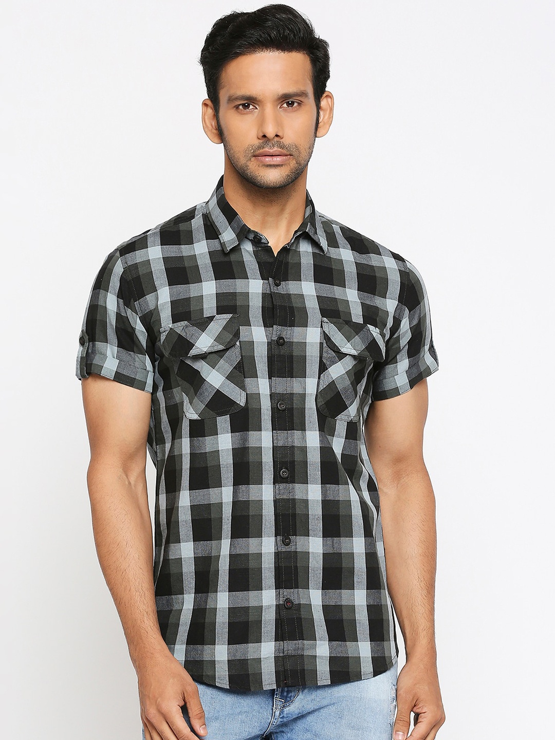 Mufti Men Black Slim Fit Checked Casual Shirt