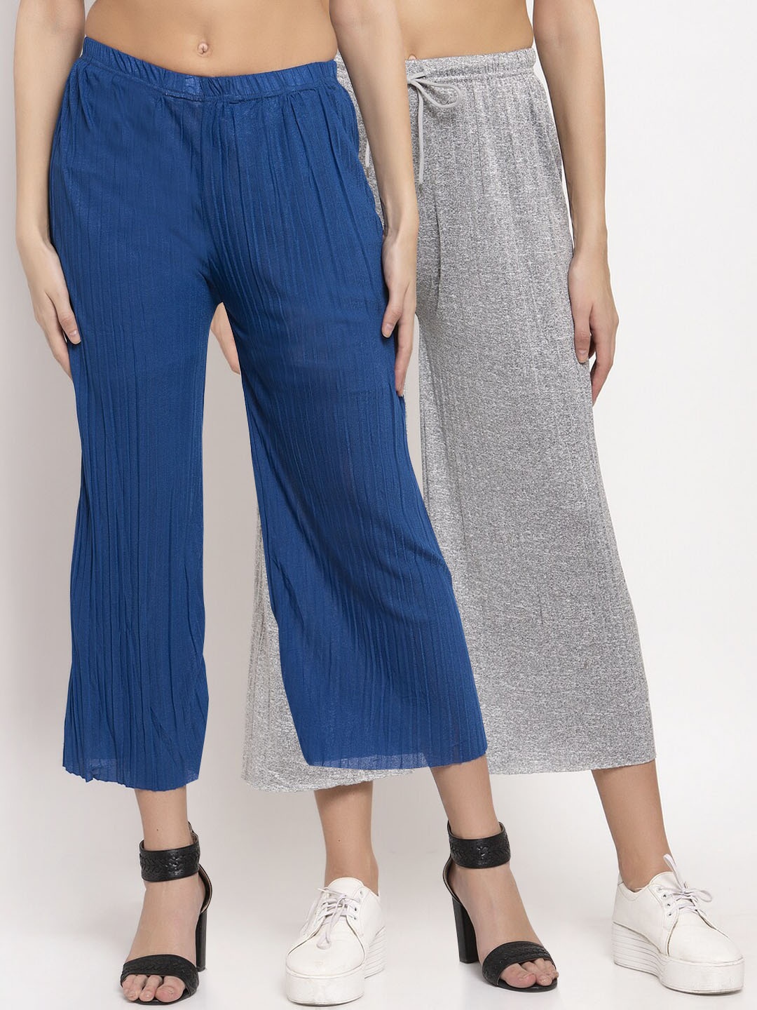 KLOTTHE Women Pack Of 2 Cropped Straight Palazzos, Blue