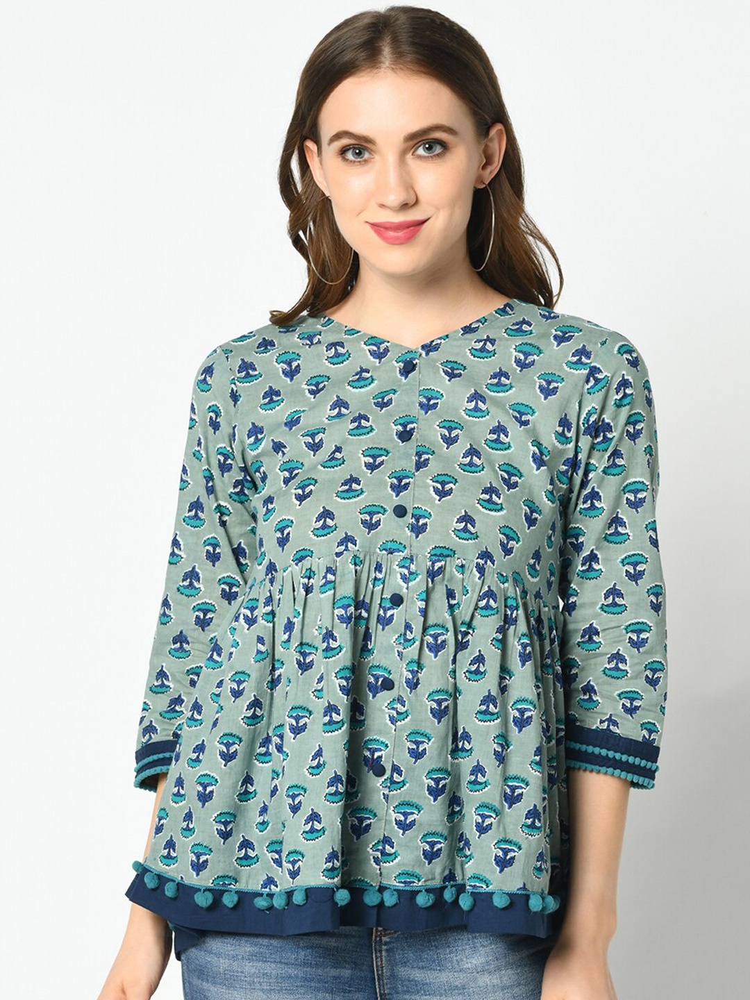 Azira Grey Floral Printed Pure Cotton Empire Top