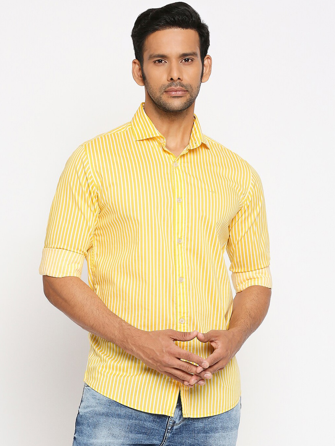 Mufti Men Yellow Slim Fit Striped Casual Shirt