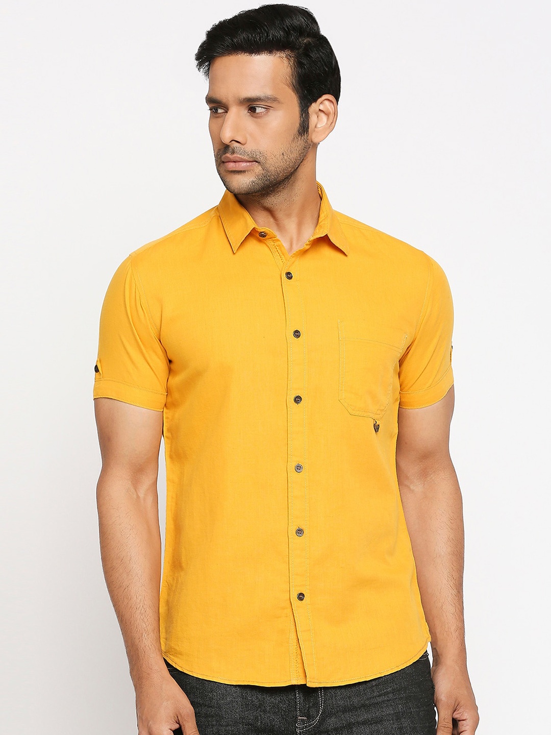 Mufti Men Yellow Slim Fit Solid Casual Shirt