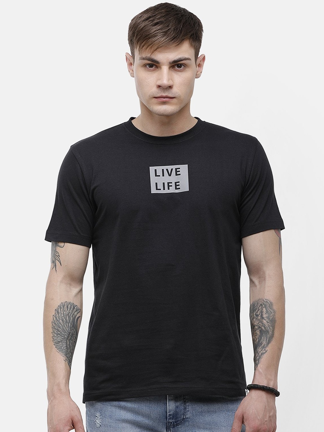 Voi Jeans Men Black Printed Round Neck Cotton Pure Cotton T-shirt