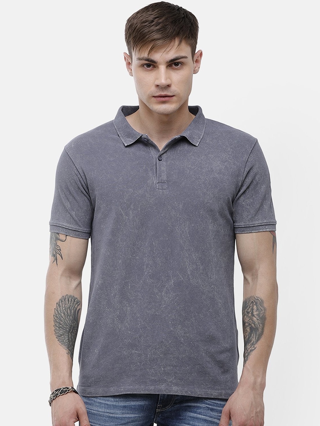 Voi Jeans Men Grey Solid Polo Collar T-shirt