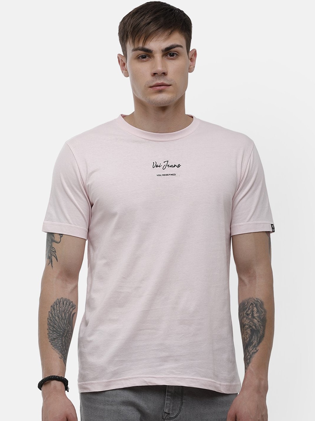 Voi Jeans Men Pink Solid Round Neck Cotton Pure Cotton T-shirt