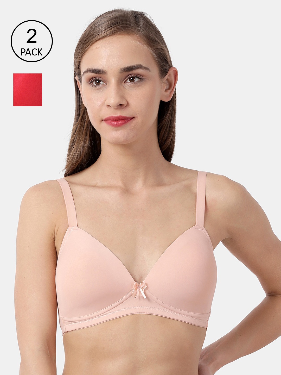 shyaway Pink & Red Solid Set of 2 Non-Wired Lightly Padded Everyday Bra