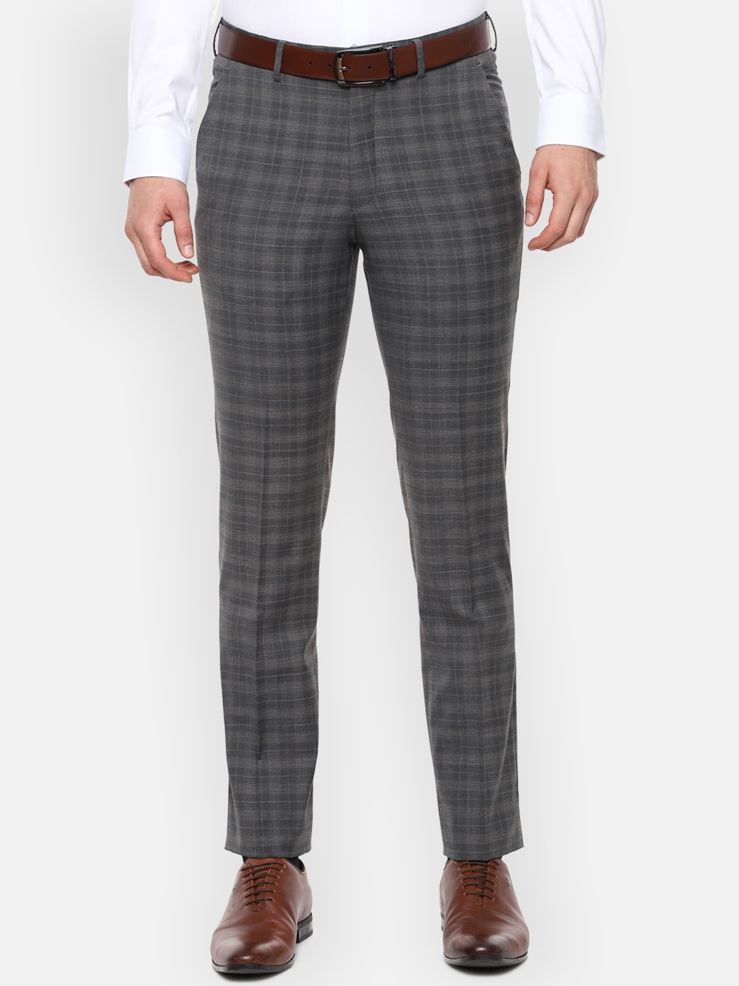 Luxure by Louis Philippe Men Grey Slim Fit Checked Formal Trousers