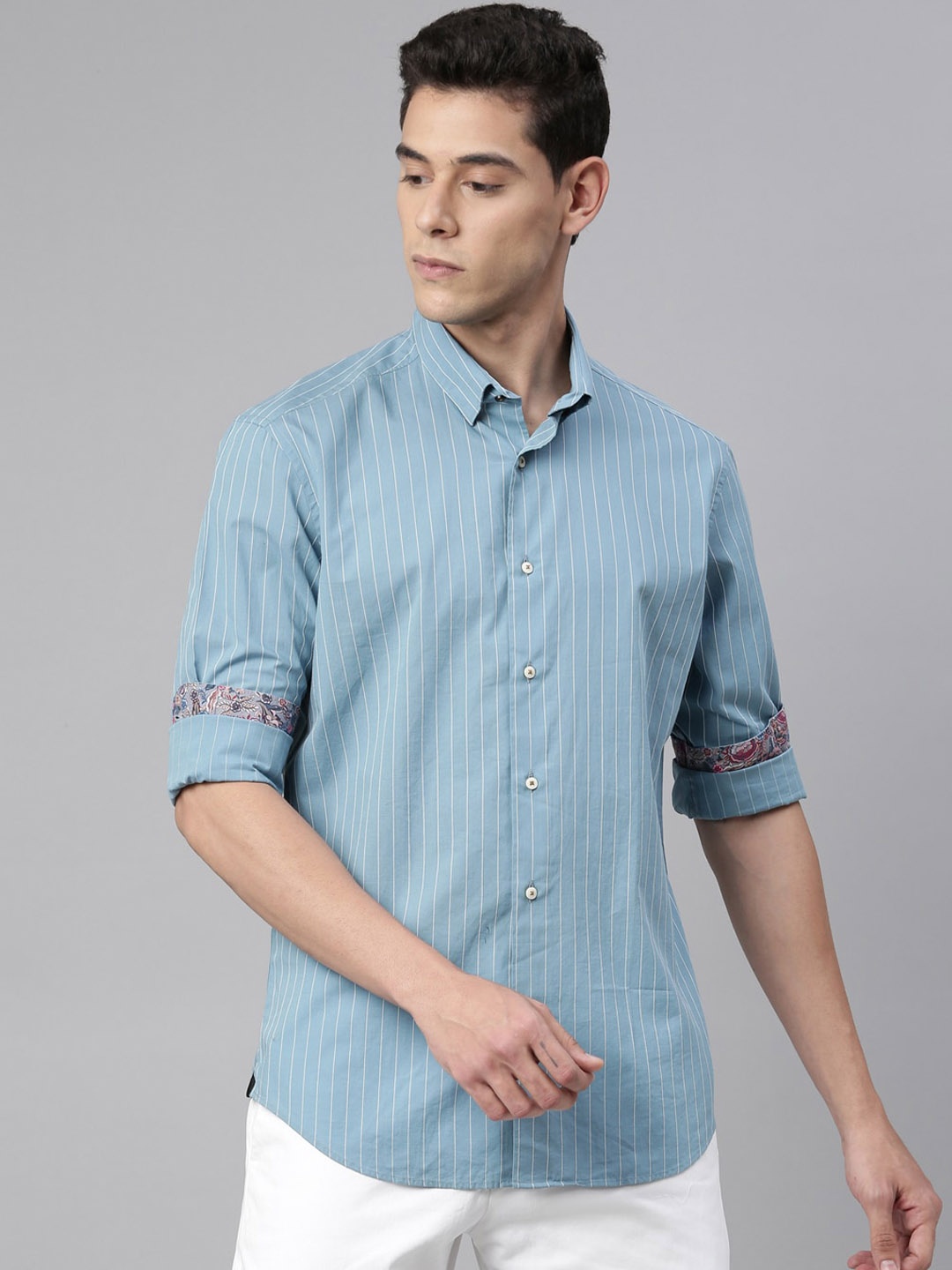 RARE RABBIT Men Blue & White Regular Fit Striped Casual Shirt