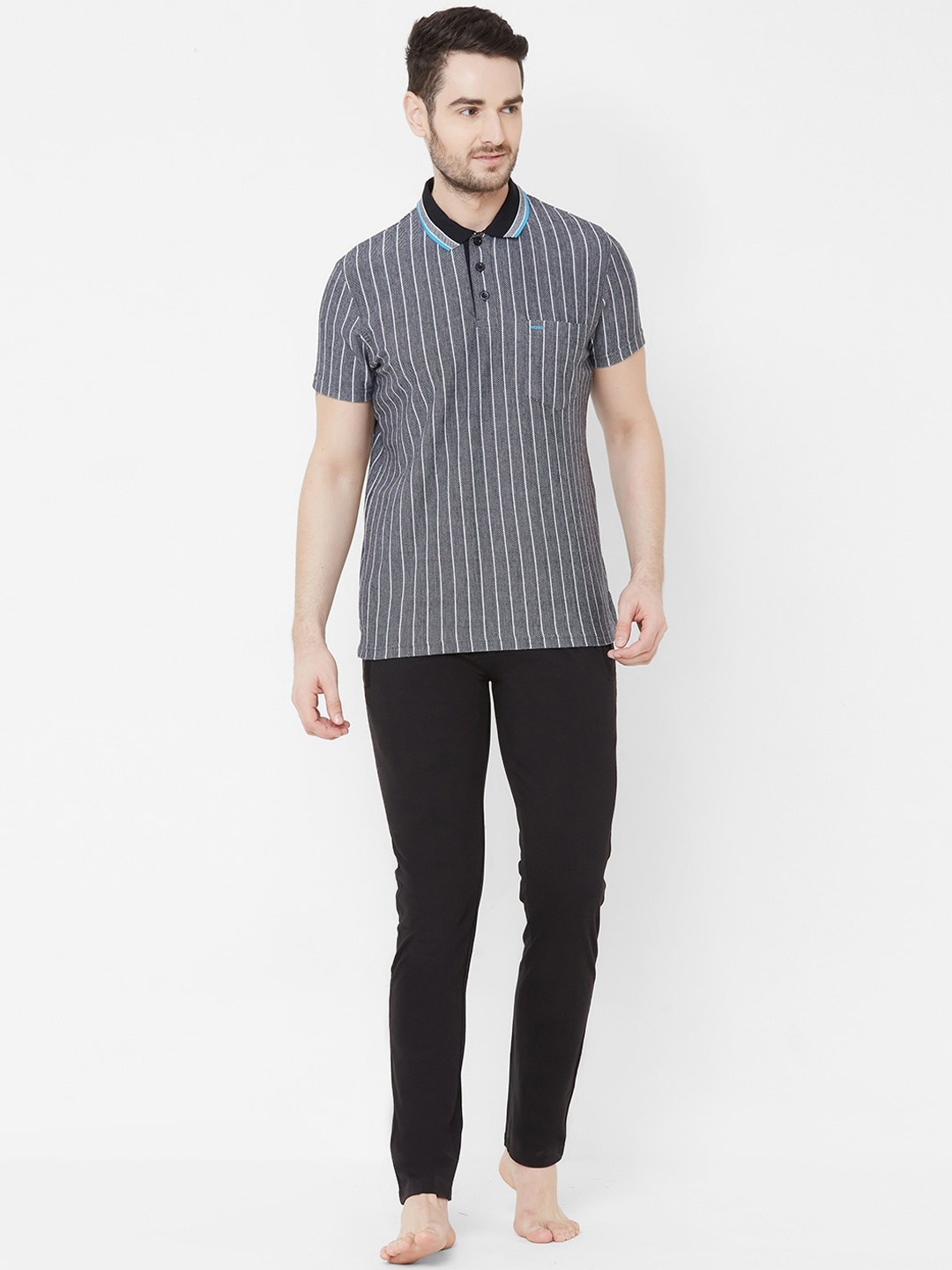 Sweet Dreams Men Grey & Black Striped Night suit