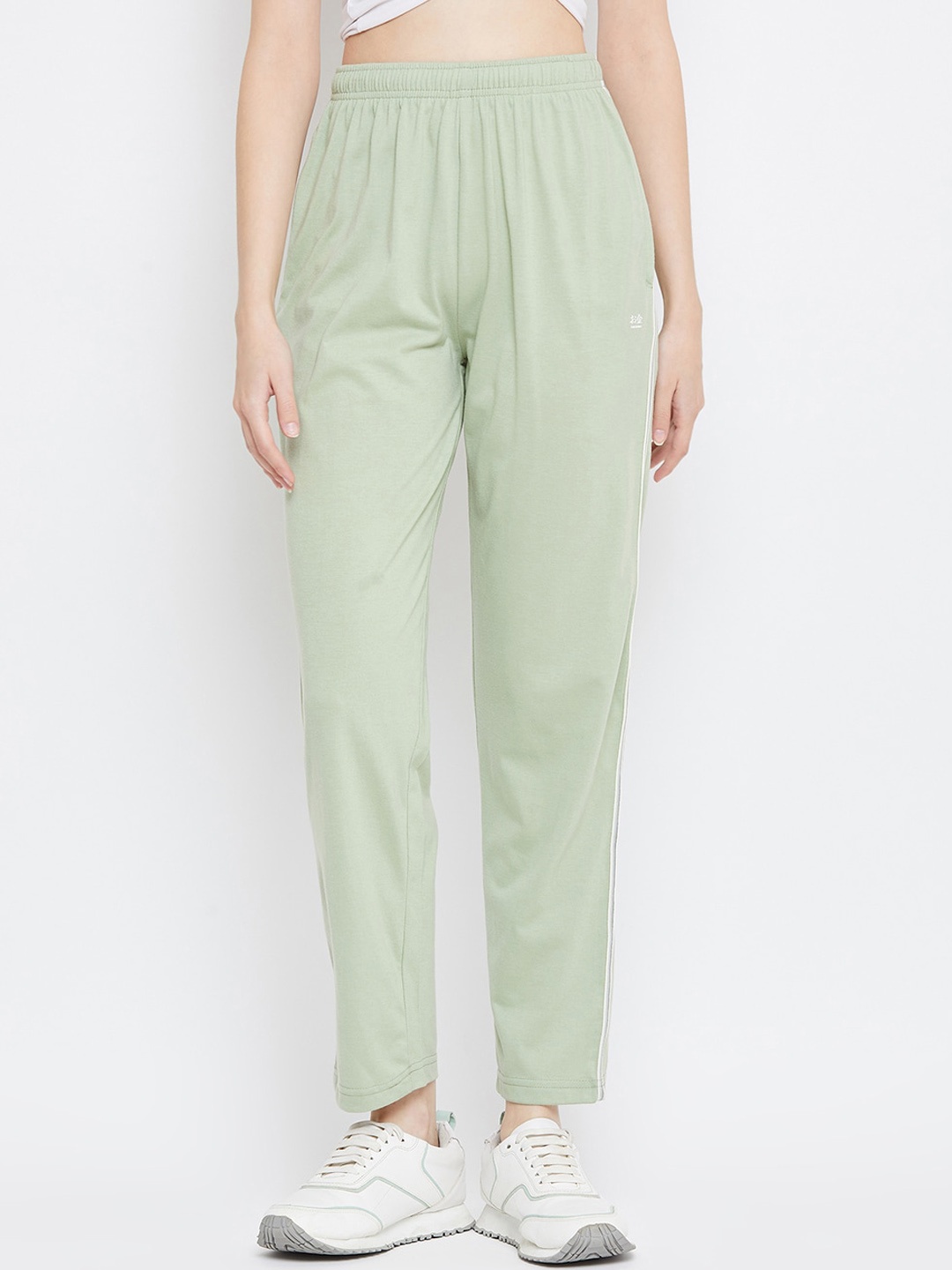 Okane Women Green Solid Cotton Slim-Fit Track Pants