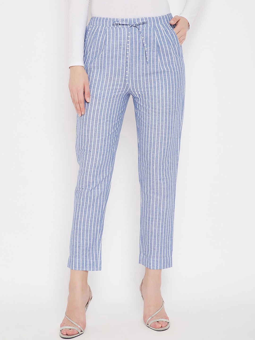 Bitterlime Women Blue & White Regular Fit Striped Trousers