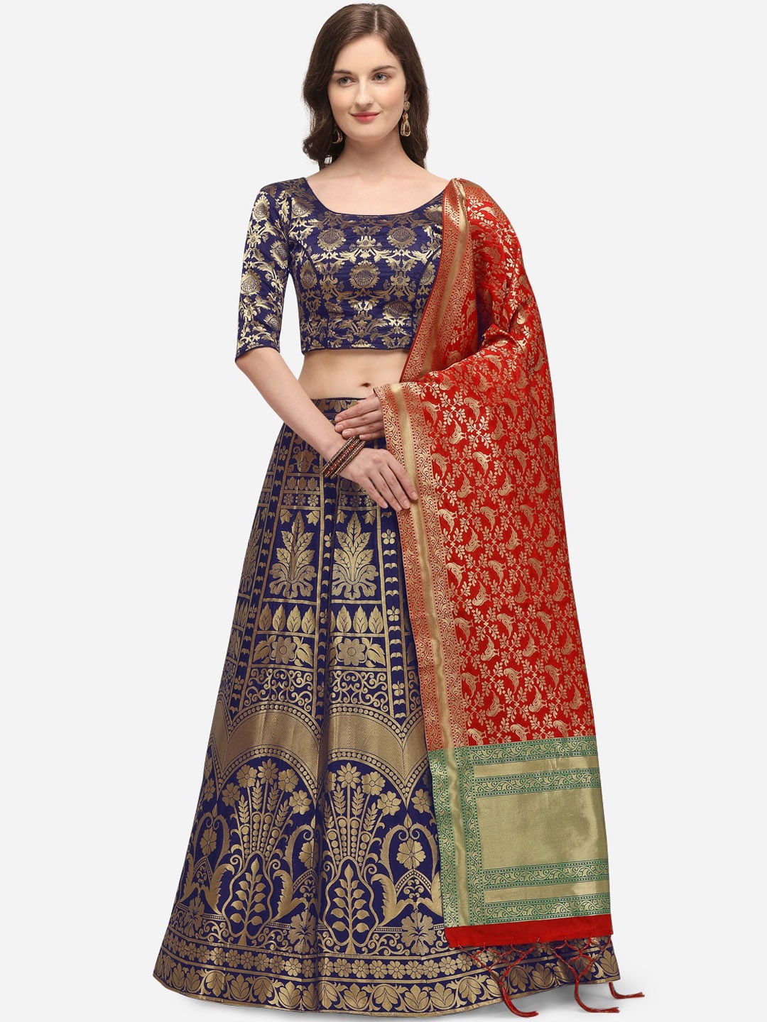 JATRIQQ Blue & Red Woven Design Semi-Stitched Lehenga & Unstitched Blouse with Dupatta
JATRIQQ Blue & Red Woven Design Semi-Stitched Lehenga & Unstitched Blouse with Dupatta