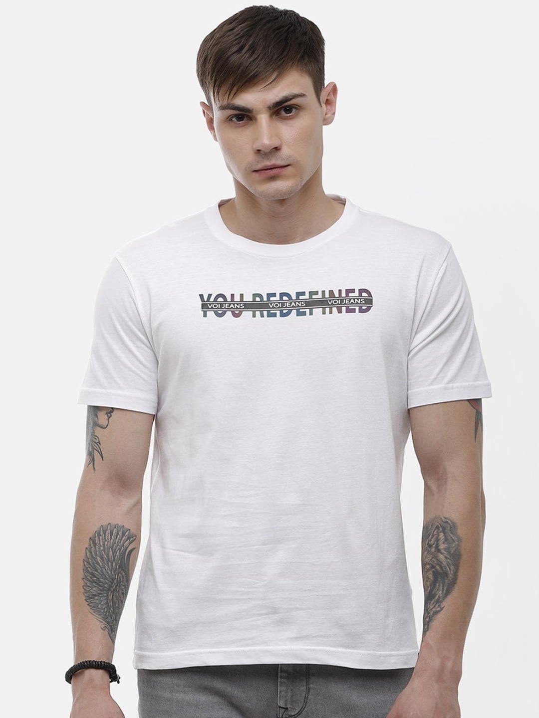 Voi Jeans Men White Printed Round Neck Cotton Pure Cotton T-shirt