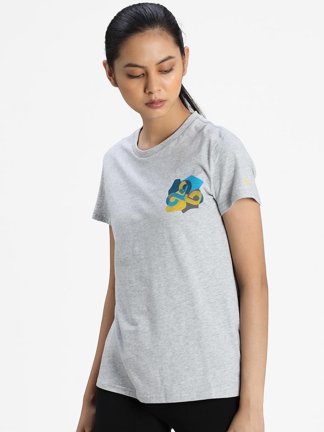 Puma Grey Blue Printed Placement Print Pure Cotton T-shirt