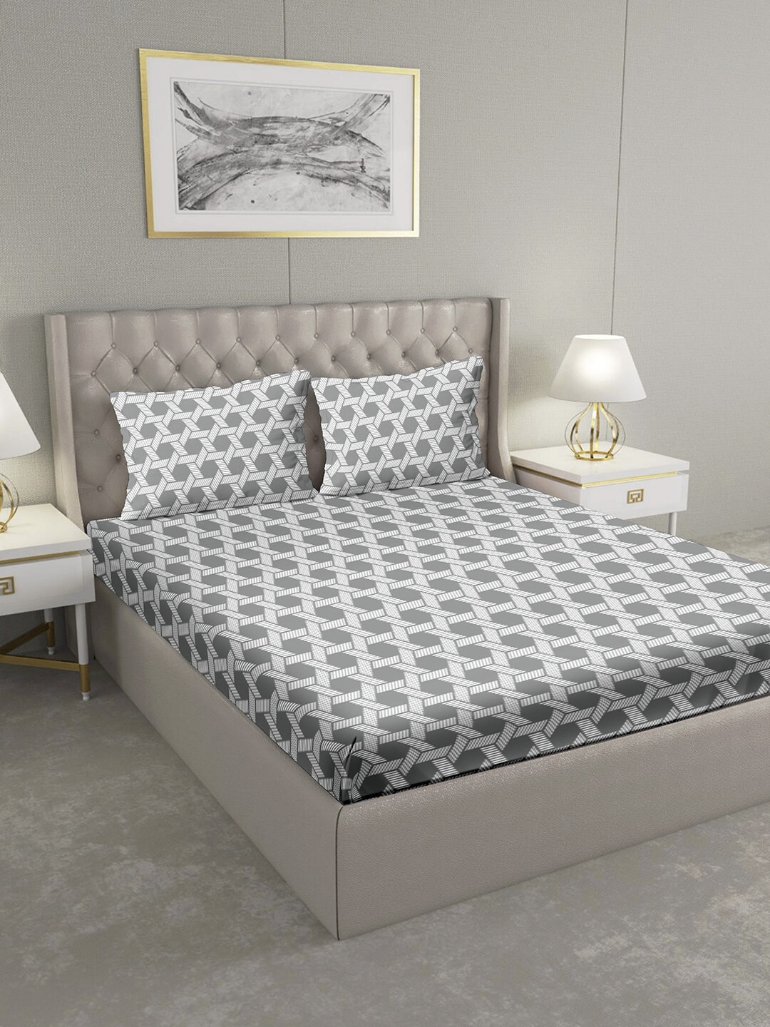 BELLA CASA Grey & White Geometric 124 TC Cotton 1 Extra Large Bedsheet with 2 Pillow Covers
BELLA CASA Grey & White Geometric 124 TC Cotton 1 Extra Large Bedsheet with 2 Pillow Covers