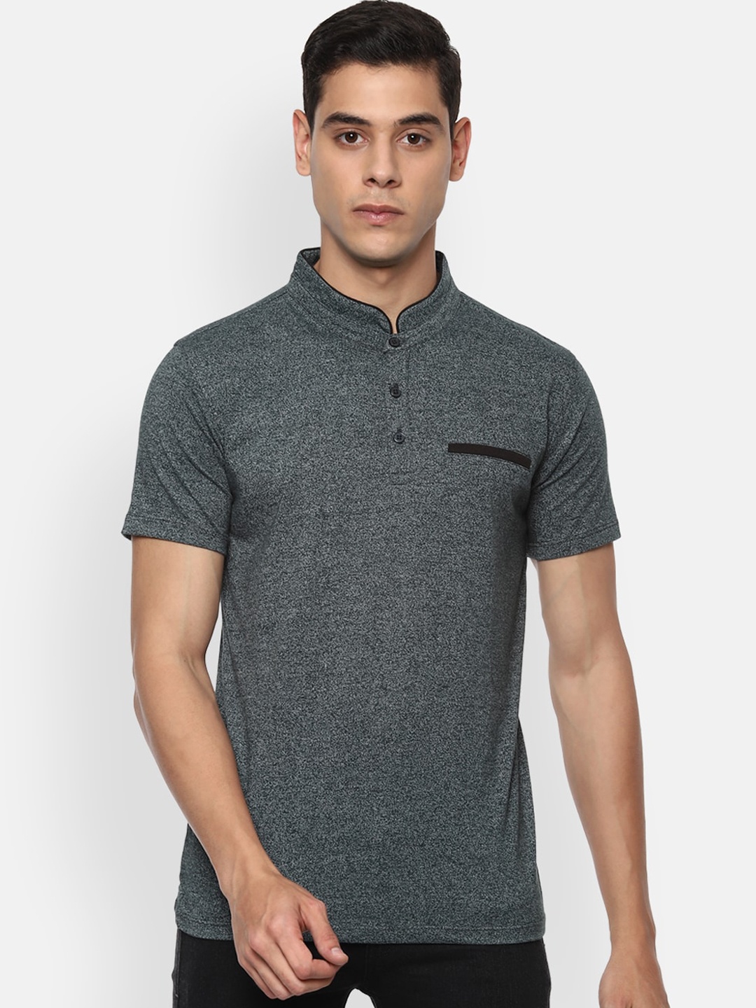 V Dot Men Grey Self Design Mandarin Collar T-shirt