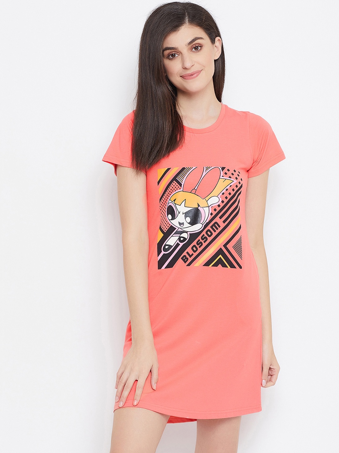 Clovia Peach-Coloured & Black Powerpuff Printed Nightdress