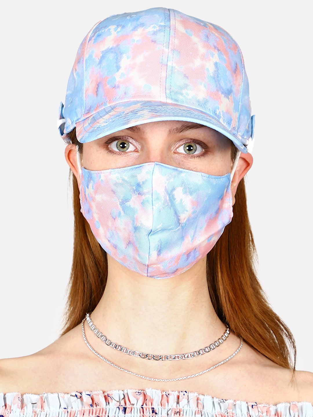 Free Authority Women Blue & Peach-Coloured Printed Baseball Cap With Detachable Mask