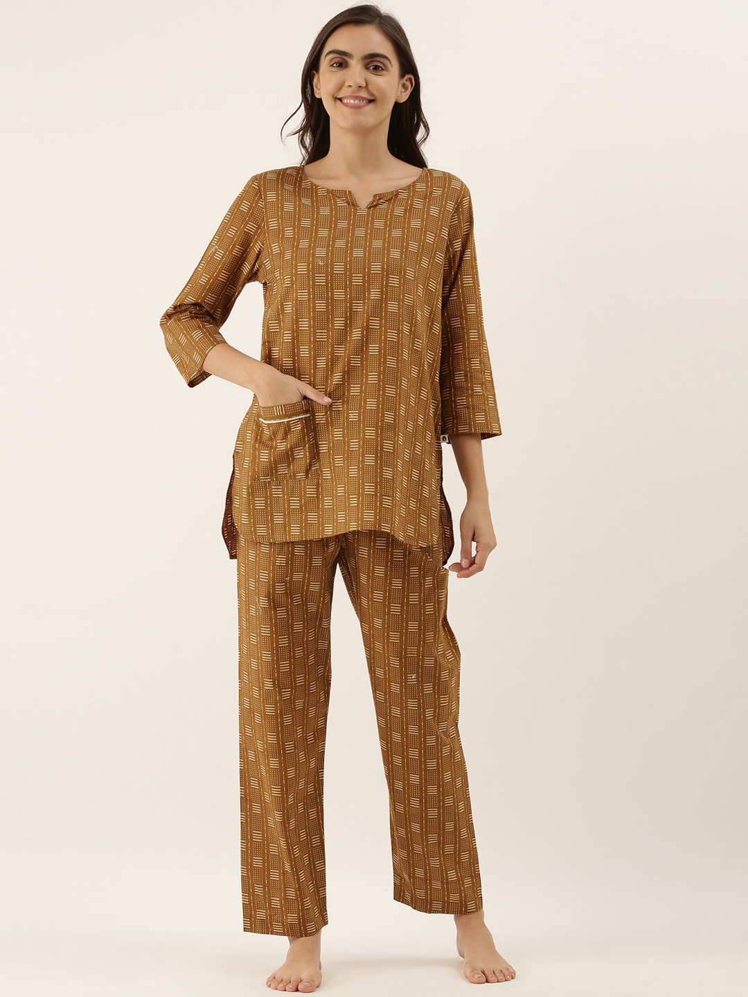 Bannos Swagger Women Mustard Printed Cotton Night suit
