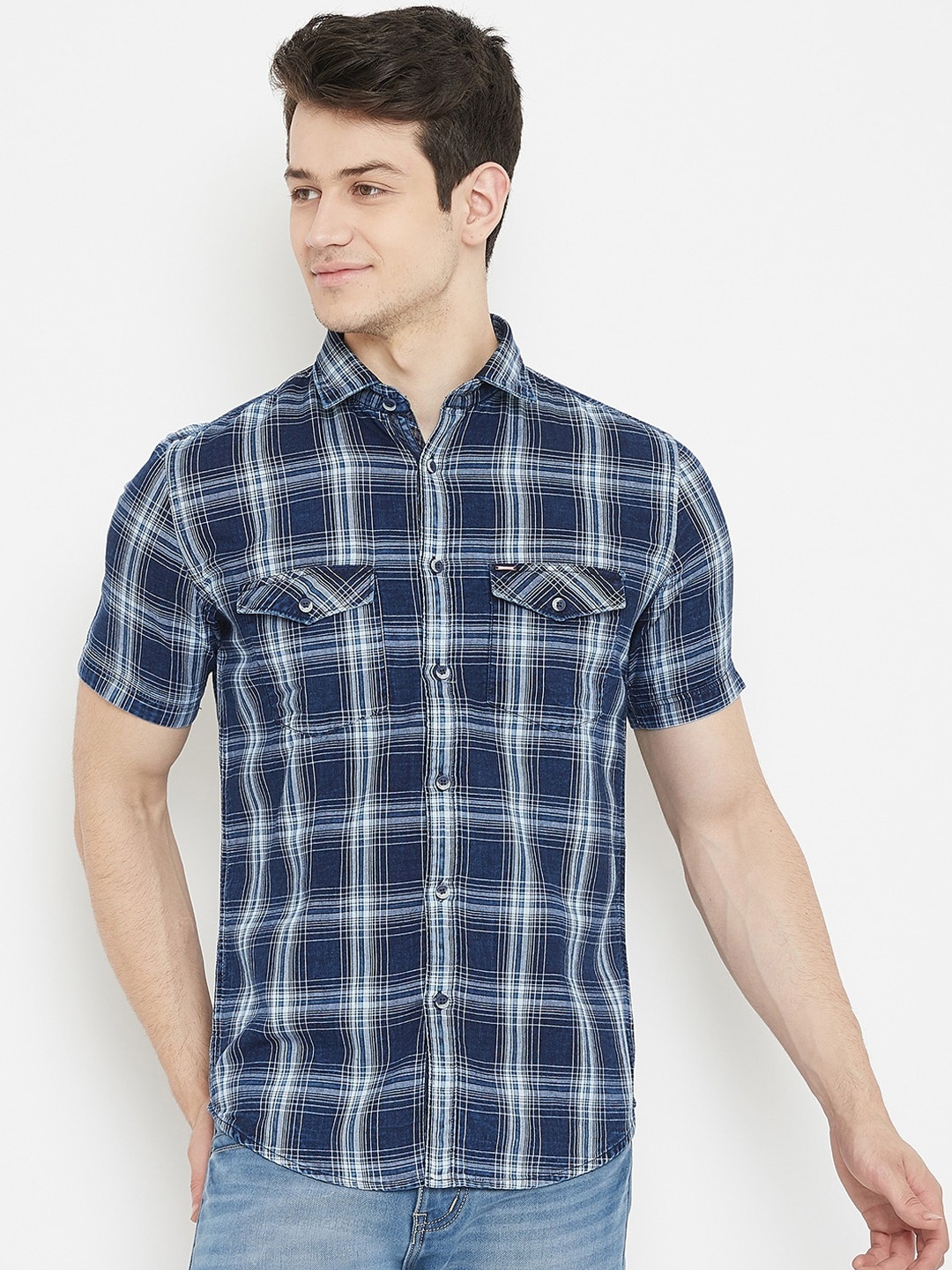 Crimsoune Club Men Blue Slim Fit Checked Casual Shirt