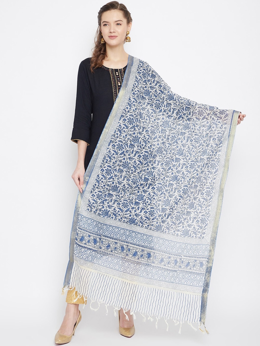 Clora Creation Navy Blue & White Printed Dupatta