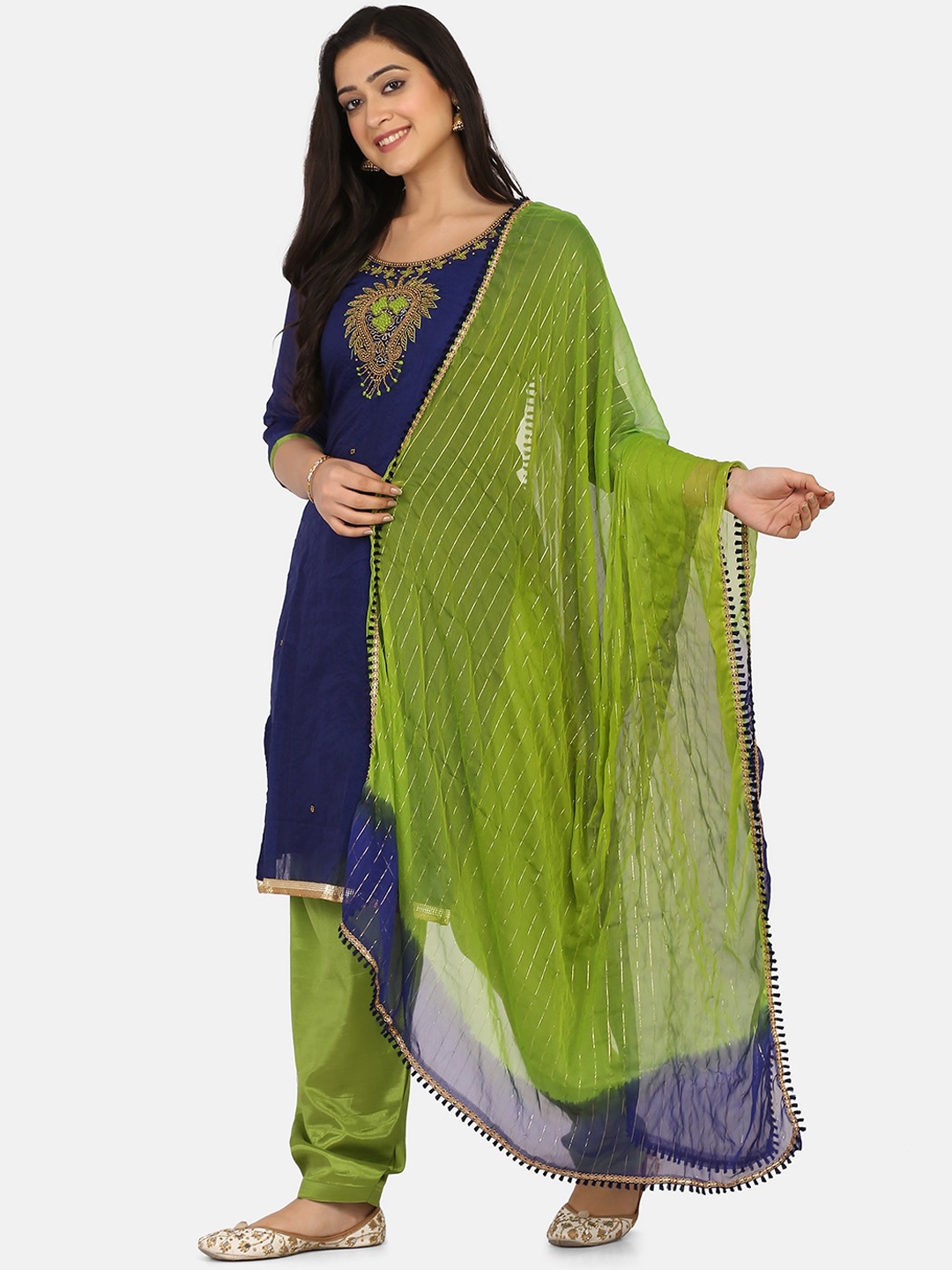 Shaily Navy Blue & Green Cotton Blend Unstitched Dress Material