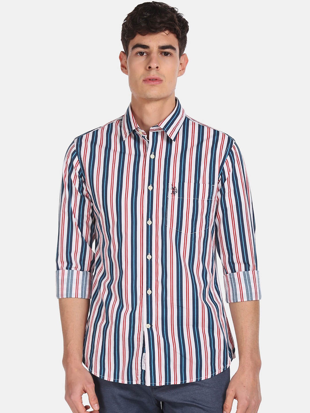 U.S. Polo Assn. Men Red & Blue Regular Fit Striped Casual Shirt