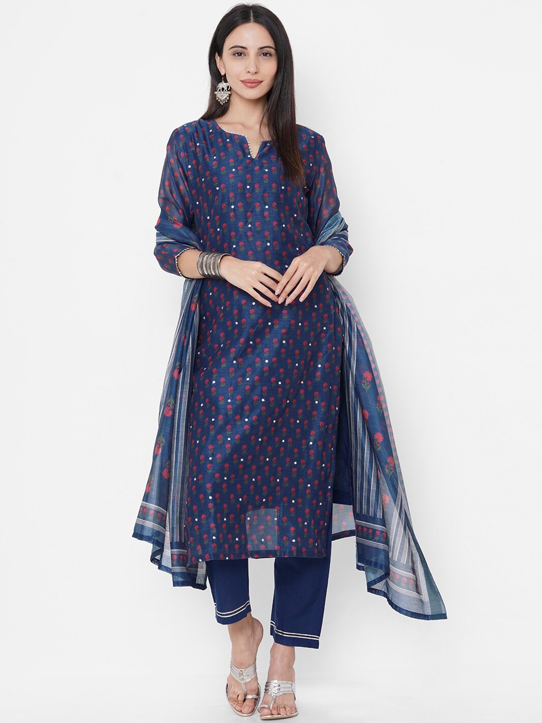 FASHOR Women Navy Blue & Red Printed Kurta with Trousers & Dupatta
