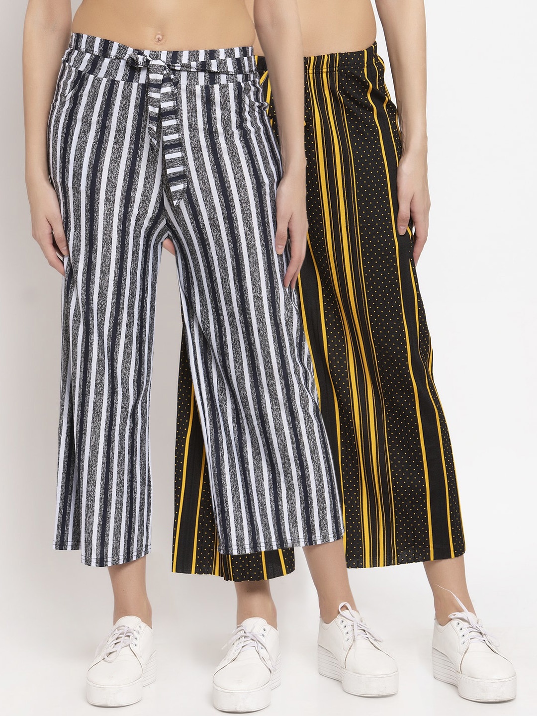 KLOTTHE Women Pack of 2 Grey & Black Striped Wide Leg Palazzos